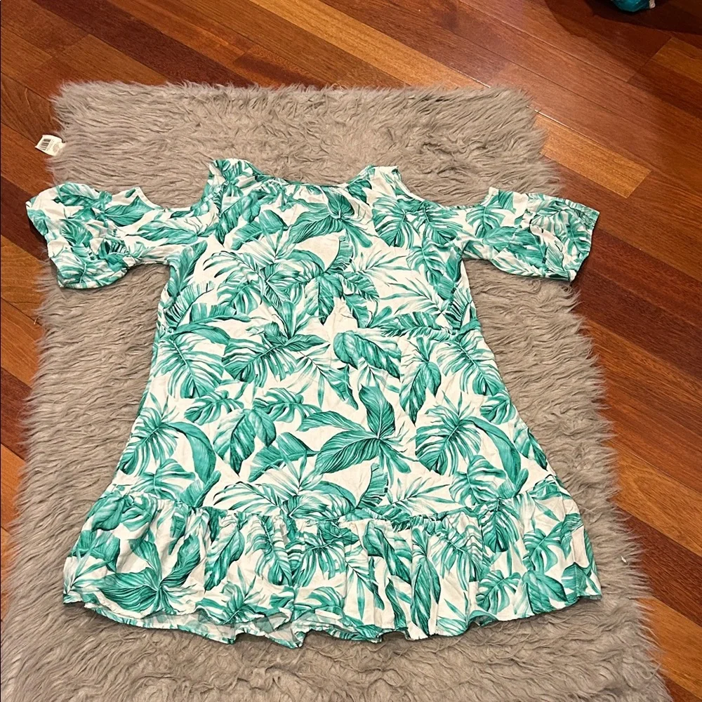Caribbean Joe Tropical Green Leaf Print Off The Shoulder‎ Flowy Rayon Dress